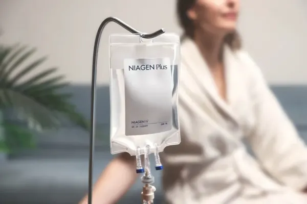 Woman seated beside a Niagen Plus infusion — iCRYO Westminster, CO wellness guide