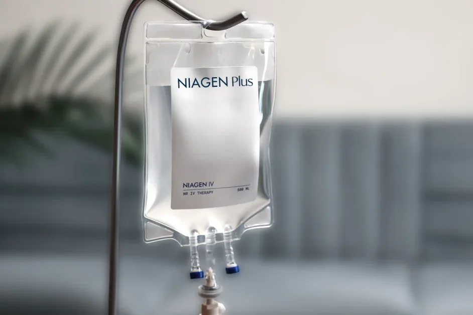 Niagen Plus infusion bag on an IV stand — iCRYO Westminster, CO wellness guide