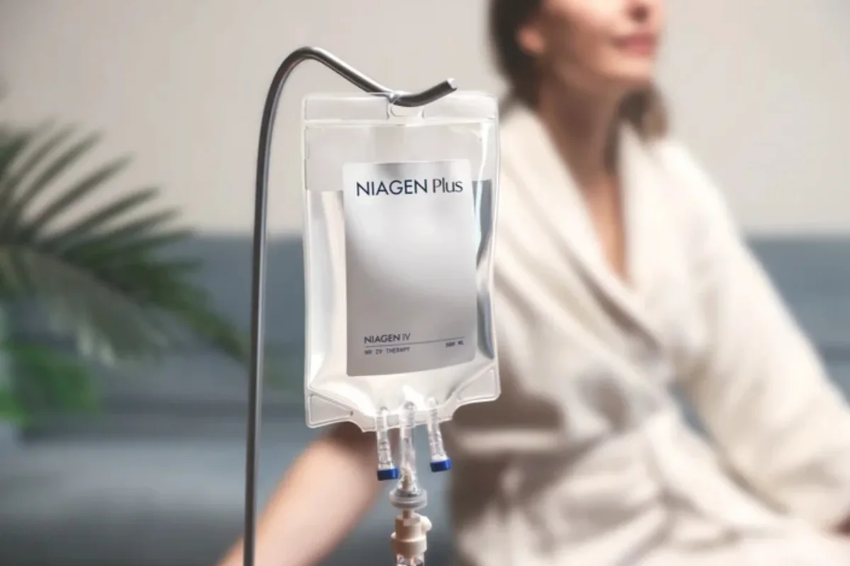 Woman seated beside a Niagen Plus infusion — iCRYO Westminster, CO wellness guide
