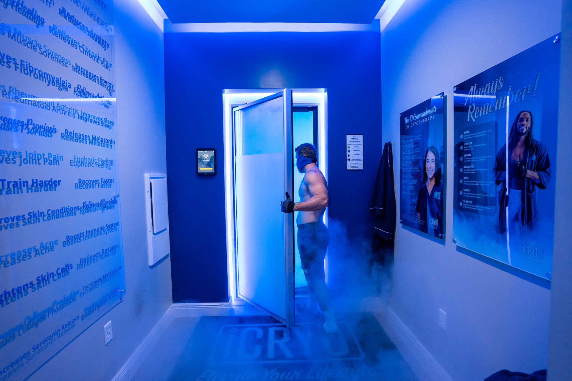 iCRYO Westminster cryotherapy chamber room with benefits wall